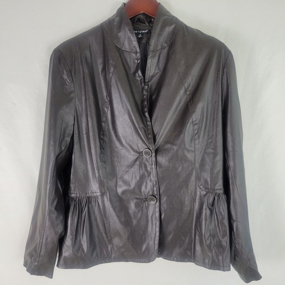 Ava‎ & Grace Womens Jacket Size 14 Faux Brown Leather Pleated Button Up - Picture 1 of 11